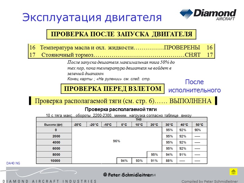 © Peter Schmidleitner Эксплуатация двигателя После исполнительного После запуска двигателя максимальная тяга 50% до